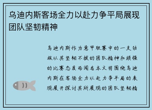 乌迪内斯客场全力以赴力争平局展现团队坚韧精神
