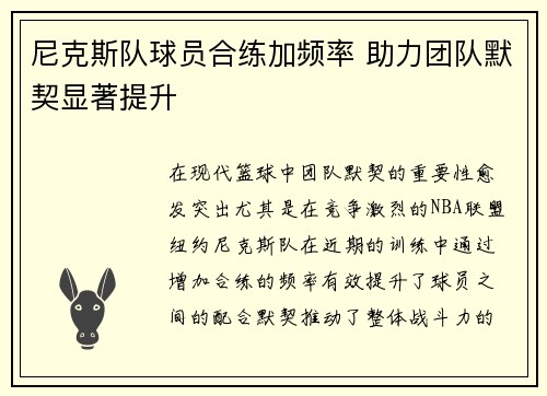 尼克斯队球员合练加频率 助力团队默契显著提升