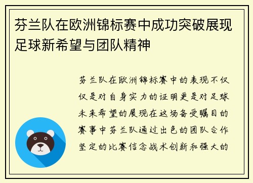 芬兰队在欧洲锦标赛中成功突破展现足球新希望与团队精神