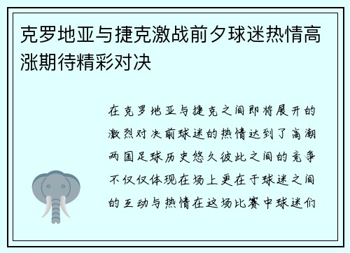 克罗地亚与捷克激战前夕球迷热情高涨期待精彩对决