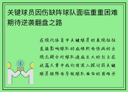 关键球员因伤缺阵球队面临重重困难期待逆袭翻盘之路