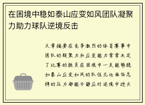 在困境中稳如泰山应变如风团队凝聚力助力球队逆境反击