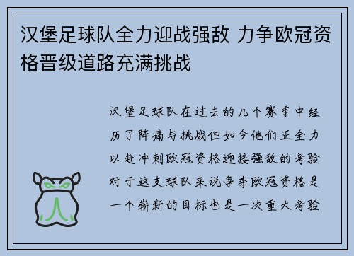 汉堡足球队全力迎战强敌 力争欧冠资格晋级道路充满挑战