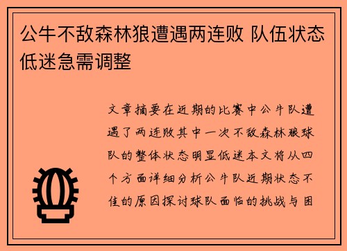 公牛不敌森林狼遭遇两连败 队伍状态低迷急需调整