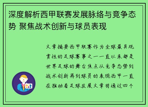 深度解析西甲联赛发展脉络与竞争态势 聚焦战术创新与球员表现