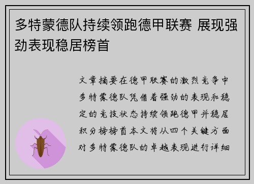 多特蒙德队持续领跑德甲联赛 展现强劲表现稳居榜首