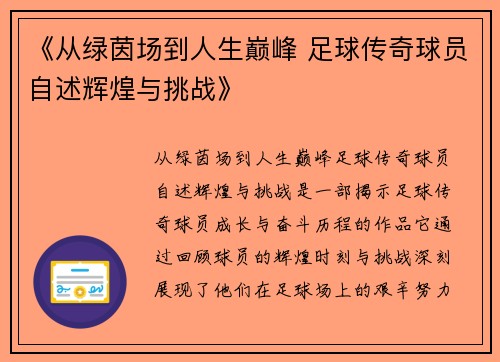 《从绿茵场到人生巅峰 足球传奇球员自述辉煌与挑战》