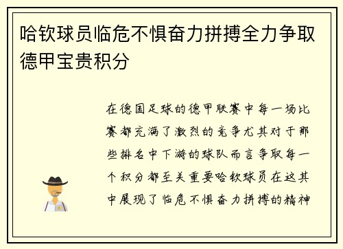 哈钦球员临危不惧奋力拼搏全力争取德甲宝贵积分
