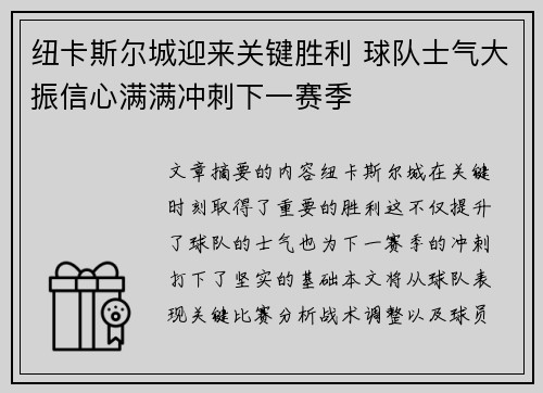 纽卡斯尔城迎来关键胜利 球队士气大振信心满满冲刺下一赛季