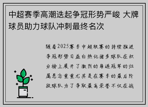 中超赛季高潮迭起争冠形势严峻 大牌球员助力球队冲刺最终名次