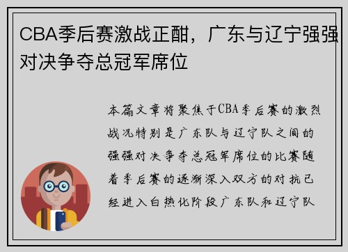 CBA季后赛激战正酣，广东与辽宁强强对决争夺总冠军席位